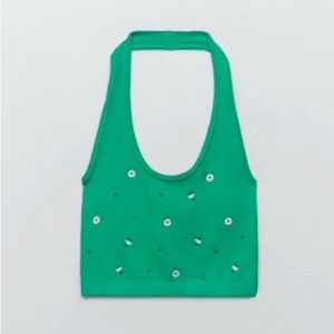 XS/S 🔖ZARA Seamless Embroidered Biker Tank Halter Green Daisy